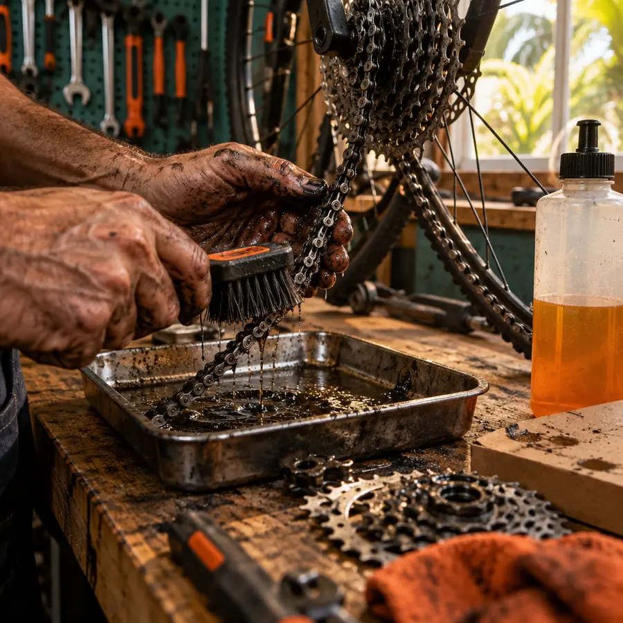 Greasy hands scrubbing a bicycle chain over a parts tray