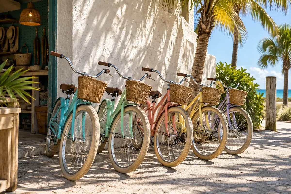 Five pastel beach cruisers with wicker baskets leaning on a white stucco wall under palms