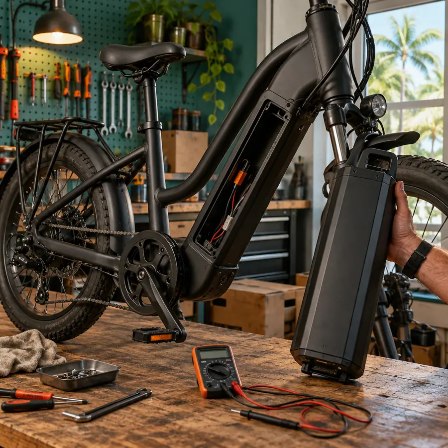 A black e-bike on the workbench with its battery pack removed beside a multimeter