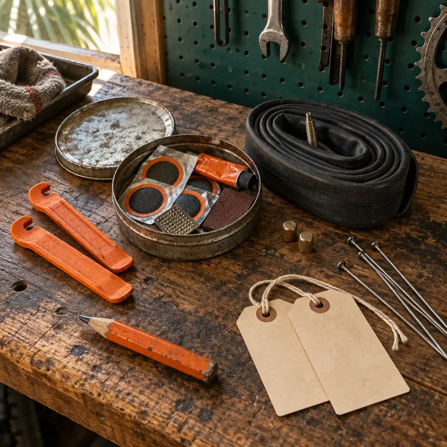 A worn workbench with tire levers, a patch kit tin, an inner tube, spokes and blank repair tags
