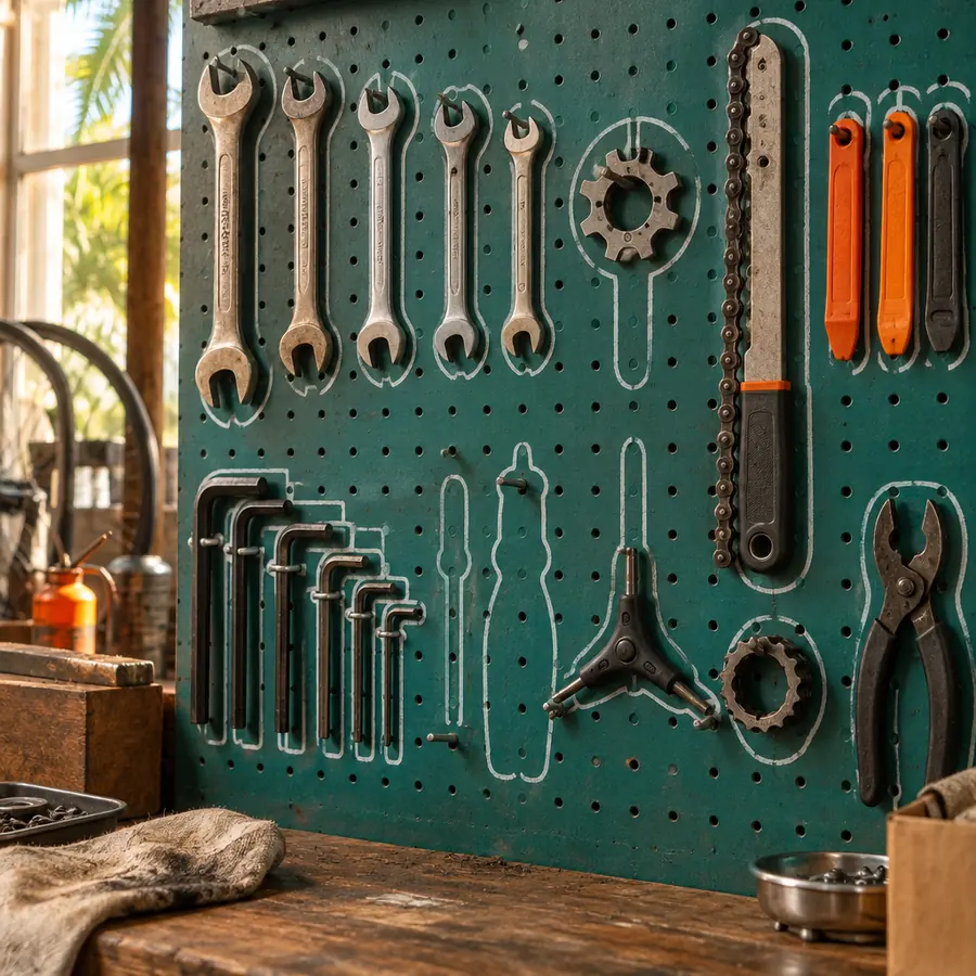 Wrenches, hex keys and a chain whip hanging in painted outlines on a teal pegboard